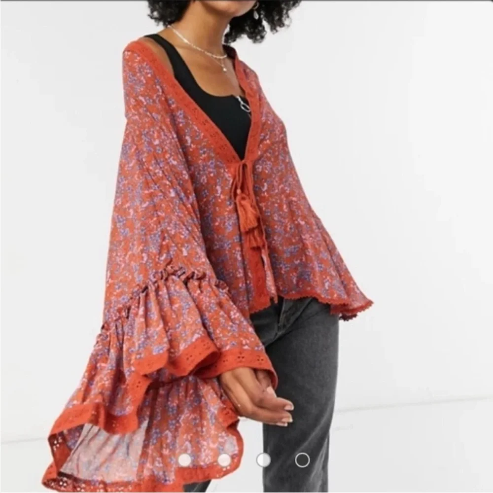 Free People Lola Wild Red Kimono Tassel Tie  Sz Small Relaxed Fit NWT Ret $98